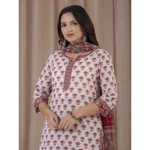 Traje de estilo indio étnico de algodón con estampado a mano en bloques blancos y rosas, kurta, pantalón y salwar Anarkali. - Product Image 1
