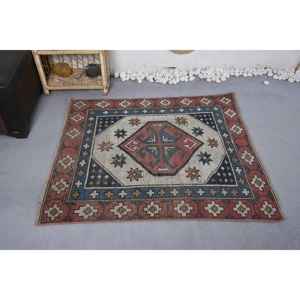 Alfombra de lana étnica, rojo, azul, 3,8x4,3 pies, patrón de retazos, alfombra de sala de estar, látex para entrada, pasillo, rectángulo, rompecabezas a rayas - Product Image 3