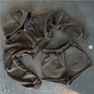 Nouveau personnalisé printemps été femmes 2 pièces short ensemble coton français éponge décontracté sexy zip up crop survêtement à capuche pour les femmes - Product Image 2