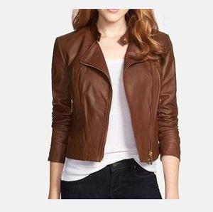 Veste en peau de vache de mouton de haute qualité, manteau de motard respirant de grande taille avec fermeture à glissière, haut court marron, conception unie - Product Image 1