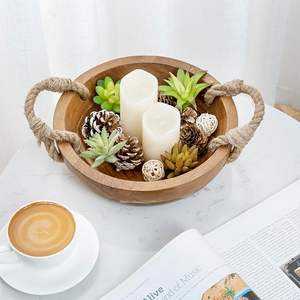 Bol à fruits en bois d'acacia massif fait à la main avec poignées en corde rustiques plat de service rond décoratif pour décoration de table - Product Image 1