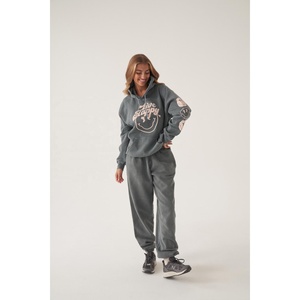 Mode personnalisée de haute qualité de couleur grise survêtement en molleton de coton épais lavé à l'acide femmes pull à capuche survêtement pour femmes - Product Image 3
