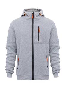 Men's Gray Hooded <b>Zip</b>-Up Sweatshirt Regular Fit Solid Color With <b>Pockets</b> Casual Autumn Wear <b>Hoodie</b> - Product Image 2