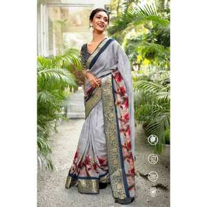 Impreso digital Pure Georgette Saree Trabajo pesado Borde Borlas Viscosa-Poliéster Material Calidad Festiva Blusa India Sari - Product Image 4