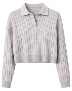 Pull en maille torsadée gris clair pour femmes, col polo, manches longues, ourlet côtelé, patte de boutonnage, pull décontracté d'hiver pour femmes - Product Image 1