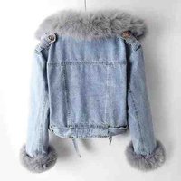 Veste en jean élégante pour femme avec col en fourrure, coupe ample et courte, avec ceinture et fermeture éclair, grande taille, haute qualité