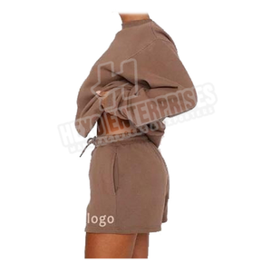 Designer Wholesale Custom Logo 2 Piece Set Brown <b>Long</b> Sleeve Sweatshirt and <b>Short</b> <b>Women</b> Sweatsuit Set Tracksuit - Product Image 4