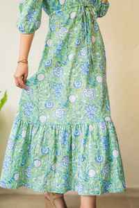 Vestido Midi Verde Boho de Algodón, Vestido de Verano para Mujer con Estampado a Mano - Product Image 3