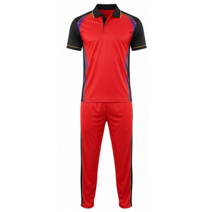 Conjunto de Uniforme de Cricket Sublimado para Hombre, Jersey y Pantalón Transpirable con Paneles Rojos y Negros |   Ropa Deportiva Profesional para Equipos - Product Image 1
