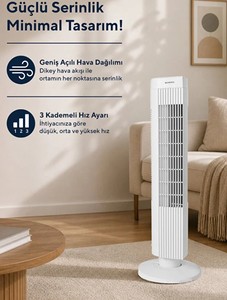 Ventilateur colonne électrique sans pales Kumtel KTF-258W, design en plastique blanc, 50W, minuterie, 3 vitesses, télécommande, oscillant, usage domestique - Product Image 4