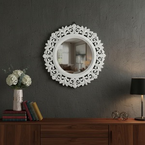 <b>White</b> Carved Floral Round Wall <b>Mirror</b> Handmade Ornate <b>Frame</b> for Living Room Bedroom Bathroom Home Decor REHMAN CRAFT - Product Image 1
