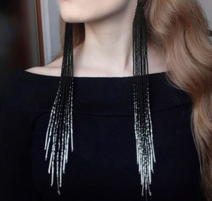 Black <b>Silver</b> Very <b>Long</b> <b>Earrings</b>, extra <b>Long</b> <b>Earring</b> - Product Image 2
