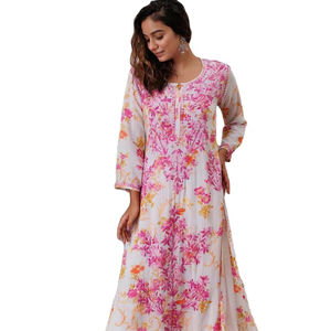 Spring/Summer Printed Work Wholesale Price Rayon Embroidery Routine Wear Fully Stitch Free Size Traditional <b>Kurti</b>& Plazzo Set - Product Image 1