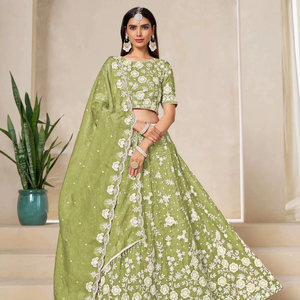 Lehenga Choli Neeta Creation Designer Moderne, coupe fourreau, longueur ras du sol, style vintage, col rond, broderie ethnique, en organza, taille princesse - Product Image 1