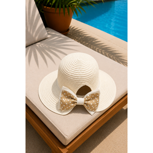 Sombrero de Playa con Estampado de Puntos Crema, Ajustable, de Material Natural, para Niños, Temporada de Verano - Product Image 2