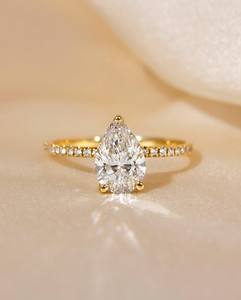 10x8mm Pear Cut Diamond Engagement <b>Ring</b> | <b>Solitaire</b> Pave Band Bridal Wedding <b>Ring</b> | 18K Gold Plated Sterling <b>Silver</b> <b>Ring</b> - Product Image 3
