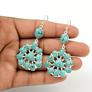 Boucles d'oreilles créoles géométriques à la mode personnalisées avec pierres précieuses turquoise naturelle Boucles d'oreilles créoles fines en argent 925 OEM - Product Image 4
