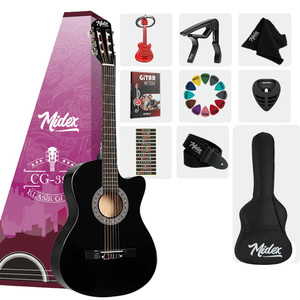 Guitare classique noire 4/4 avec cutaway, kit complet avec tige de tension réglable, housse, sangle, capo et médiators |   Midex CG-390BK-XBAG - Product Image 1