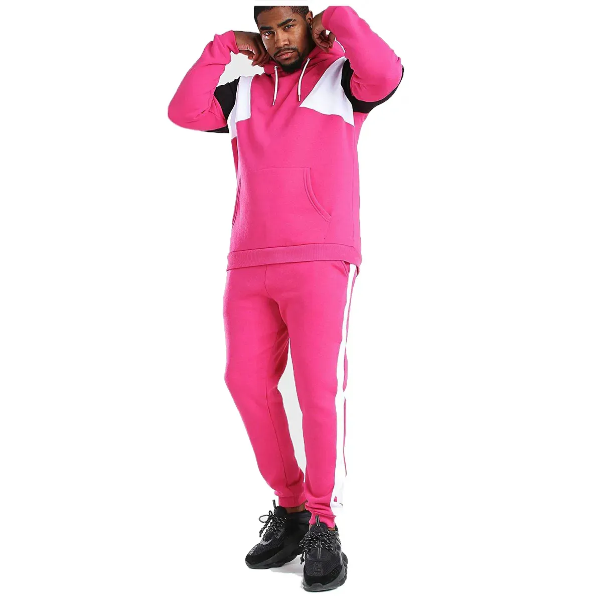 Mens Pink Heavy Cotton Hoodies Pants Custom Color Block Sweatsuits Set Men Tracksuits