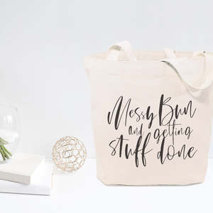 Eco-Friendly Cotton Canvas Tote Bag for Daily Use Medium Size 'Messy Bun Getting Stuff Done' Plain Recyclable Advertising - Product Image 3