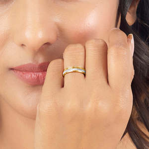 Gold Stainless Steel Geometric <b>Signet</b> <b>Ring</b> for <b>Women</b>-Trendy Eternity Style with Claw Inlay - Product Image 2