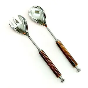 Silver Matt mirror polished spoon fork salad server set With Mini Brown Resin Rotate handle Food grade steel Server Cutlery Set