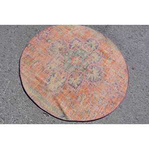 Tapis turc vintage 4.7 x 4.8ft fait à la main Orange vert Patchwork Design laine Viscose Latex pour salon couloir forme Rectangle - Product Image 4