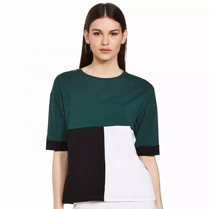 เสื้อยืดคอกลมสำหรับผู้หญิงผ้าคอตตอนผ้าโพลีเอสเตอร์ผ้าแห้งเร็วแบบเย็บปะต่อกันฤดูร้อนดีไซน์ใหม่ - Product Image 1