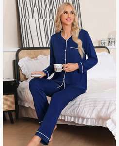 <b>Women's</b> Casual Long Sleeve Modal <b>Pajama</b> Sets V-Neck Button Down Loungewear Woven Sleepwear in S-XXL <b>for</b> Bridesmaids - Product Image 3