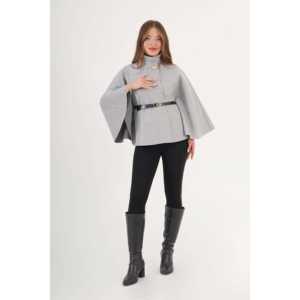 Wholesale Grey <b>Poncho</b> <b>for</b> <b>Women</b> Belt Detail Single Button Coat - Product Image 5