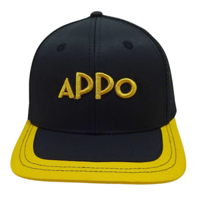 หมวกทรูเกอร์สีดำสีเหลือง6แผงออกแบบได้ตามต้องการ3D ปักโลโก้บนขอบพลาสติกหัวเข็มขัดกระดุมแถวเดียว - Product Image 1