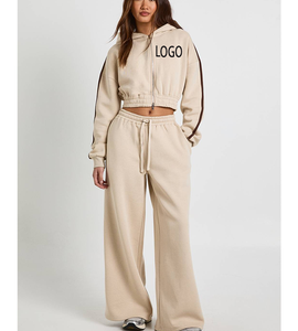 Ensemble de survêtement décontracté pour femmes tendance, avec bande latérale, jogging, haut court zippé, pantalon de survêtement à cordon de serrage, chaud pour l'hiver - Product Image 4