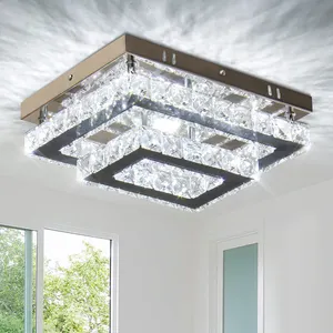 Lâmpada de teto retangular moderna para sala de estar, luminária LED de cristal com montagem embutida em dupla camada, luminária para teto