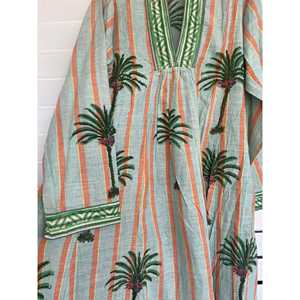 Caftán marroquí de playa estilo atardecer, elegante pareo de baño para mujer, manga larga, cuello en V, algodón Khadi con ribete en contraste - Product Image 2