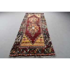 Turkish 3,8x9,7 ft Rug, <b>Runner</b> Vintage Rug, <b>Red</b> Yellow Bordered Rug - Product Image 1