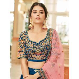 ชุดราตรีผ้ากำมะหยี่ปักลายสีฟ้าอมเขียวสวยงาม ชุดเจ้าสาวเลเฮนกาโชลี - Product Image 3