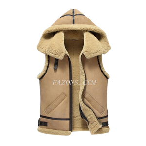 Gilet en cuir pour homme à capuche amovible, doublure en shearling et fourrure Sherpa, style vintage, chaud et décontracté - Product Image 1