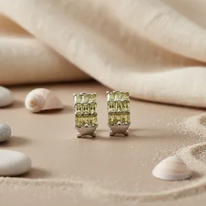 Silver Geometric Stud <b>Earrings</b> With Emerald Cut Yellow Crystal Rhinestones For Women Party Fashion Jewelry - Product Image 1
