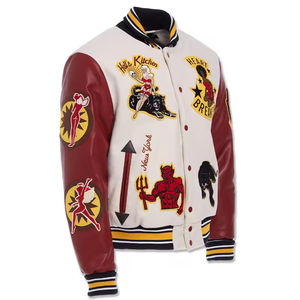 OEM personalizado Vintage chaqueta de bombardero de los hombres de soporte de cuello de cuero de vaca de manga Chenille parche bordado de béisbol Letterman Varsity - Product Image 5