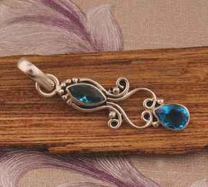 Swiss <b>Blue</b> Topaz Gemstone 925 Sterling Silver Handmade Two <b>Stone</b> Pendant December Birthstone Jewelry Gift - Product Image 4