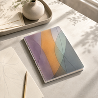 Carnet de notes LABON personnalisé à géométrie abstraite, reliure cousue apparente, pages à grille de points, couverture violet, orange, menthe