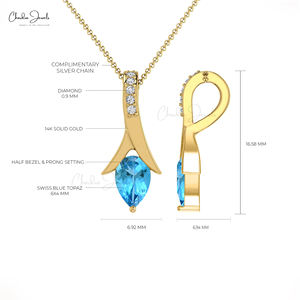 Producto Más Vendido, Colgante de Topacio Azul Suizo con Corte Brillante de 6x4 mm con Detalles de Diamantes en Oro Real de 14k, Collar de Boda, Joyería - Product Image 4
