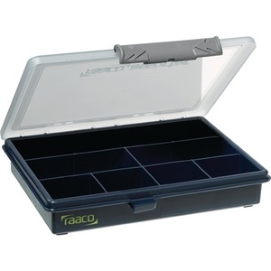 Boîte d'assortiment multifonctionnelle portable RAACO à 7 compartiments, W175xD143xH32mm, en plastique transparent bleu foncé, organiseur de bureau - Product Image 1