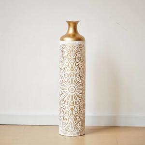 Stylish <b>Gold</b> Metal <b>Vase</b> with <b>White</b> Design Beautiful Centerpiece for Home Office <b>and</b> Special Occasions From India - Product Image 1
