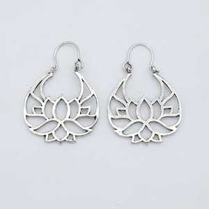 Boho Lotus <b>Hoop</b> <b>Earrings</b> Tribal Brass <b>Earrings</b> for Women <b>Silver</b> Plated Floral Design Wholesale <b>Earring</b> - Product Image 1