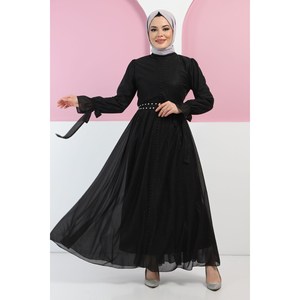 Vestido de Noche Casual ElbiseInci, Detalle de Línea A, Cuello Alto, Talla XS, Cintura Natural, Largo Maxi hasta la Rodilla, para Banquetes y Fiestas de Graduación, 100% Poliéster - Product Image 3