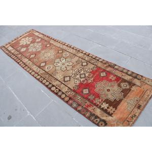 Turkish Vintage Rug, <b>Runner</b> 2.8x9.3 ft (85x282 cm) Rug, <b>Red</b> Bordered Wool Rug - Product Image 2
