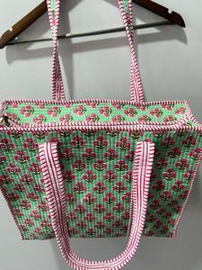 Handmade Cotton Eco-Friendly Everyday Tote <b>Bag</b> Green for Pink Block Print <b>Quilted</b> Travel Shopper Zipper Closure Fashion Style - Product Image 4
