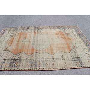 Alfombra Turca de 5.9x9 pies, Alfombra Grande Vintage, Alfombra Sólida Naranja y Azul - Product Image 3