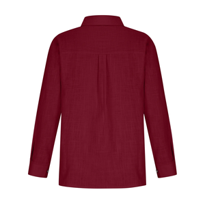 Conception de logo personnalisé OEM femmes décontracté manches longues solide bourgogne chemise boutonnée 100% lin coupe régulière col tournant tissé armure - Product Image 2